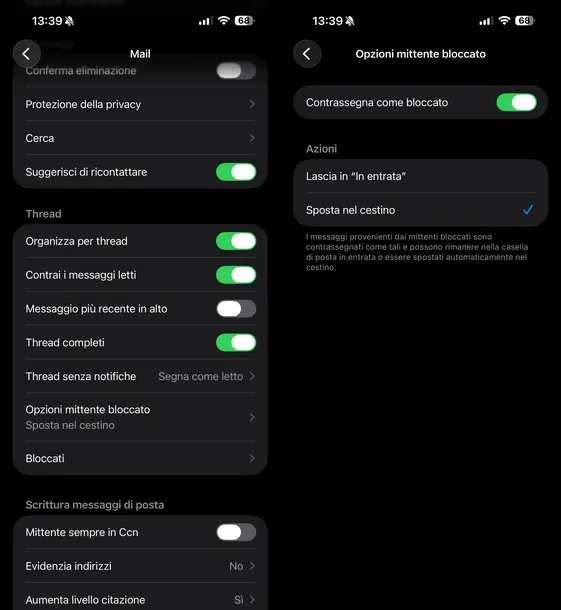 Elija dónde enviar correos electrónicos bloqueados Aplicación iOS Mail